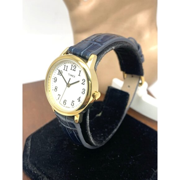 Timex Women's Watch T2N954 Quartz White Dial Blue Leather Strap 30mm Gold Case - Picture 2 of 15